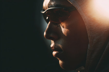 Cinematic portrait of an athlete in morning light, showcasing a powerful contrast of shadow and sun. The image embodies themes of victory, determination, and resilience.の素材