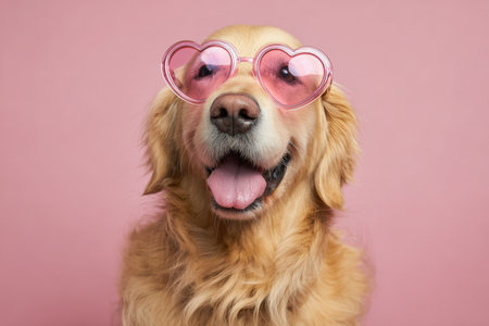 A joyful Golden Retriever wearing pink heart-shaped sunglasses sits against a pastel pink background. The dog's shiny golden fur and cheerful expression are highlighted by soft studio lighting.の素材
