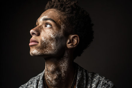 Magazine-style headshot of a teen boy with vitiligo and acne, highlighted by soft key lighting. His confident expression and strong posture emphasize individuality and self-acceptance.の素材