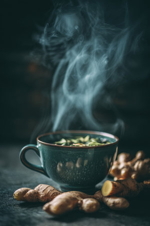 A steaming cup of ginger and green tea leaves creates a soothing wellness atmosphere. The cinematic morning tone and macro focus highlight the tea's calming essence.の素材