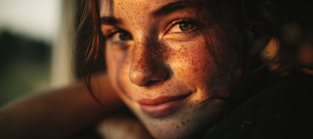 Candid portrait of a teenage girl with acne and freckles, softly smiling. Warm sunset light through a window illuminates her face, enhancing her confident expression in an indoor setting.の素材