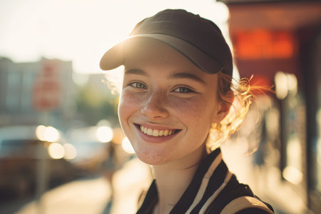 Urban portrait of a smiling teen girl with a baseball cap and acne-prone skin, standing on a sunlit city sidewalk near a coffee shop, creating a warm, inviting glow.の素材