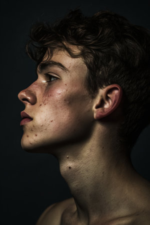 Editorial-style portrait of a teenage boy with visible blemishes and matte skin. The lighting from above and behind adds contour and definition, highlighting his calm and proud posture.の素材