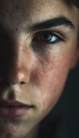 Intimate close-up portrait of a teenage boy with acne and thick eyebrows, captured in a professional studio. The dramatic lighting and shallow depth of field create a striking image.の素材