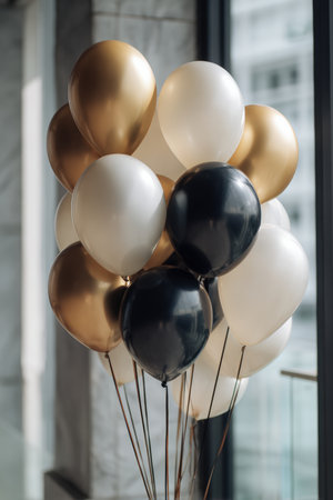 Luxurious golden, black, and white balloons in a chic, minimalist setup. Captured in a moody, cinematic tone, this image exudes modern elegance and sophistication.の素材