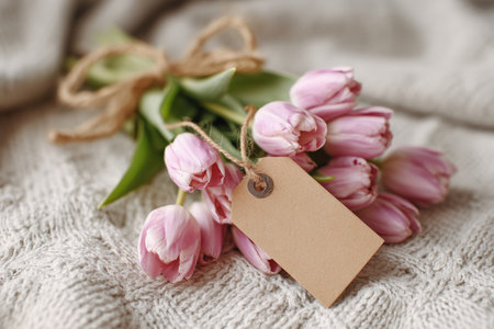 A beautiful bouquet of pink tulips lies on kraft paper with a gift tag, illuminated by soft natural light, creating a warm and emotional Mother's Day vibe.の素材