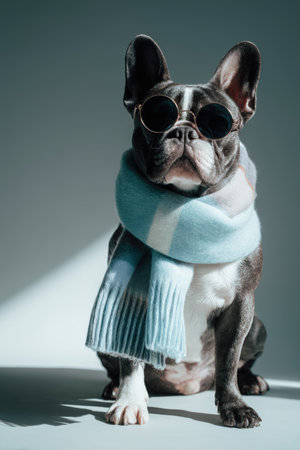 A fashionable French Bulldog poses in a modern studio, wearing pastel blue sunglasses and a matching scarf. The minimalist background and soft shadows enhance the editorial style.の素材