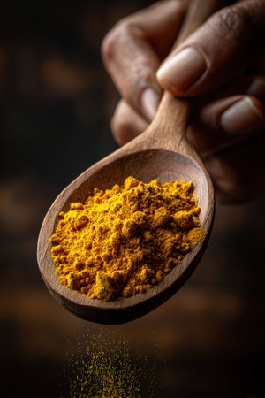 Close-up of a hand holding a wooden spoon filled with vibrant turmeric powder. The image features warm, earthy lighting and a detailed still life style, emphasizing the human element.の素材