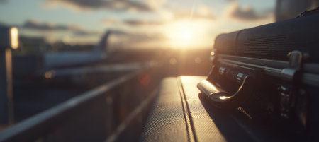 A cinematic macro shot captures a suitcase handle in sunlight, with a blurred aircraft in the background. The minimalist composition evokes a sense of travel and adventure.の素材