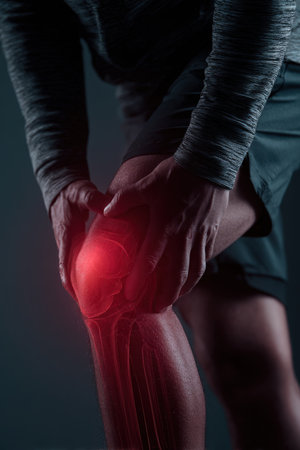 A man in sportswear clutches his painful knee, highlighted by glowing red internal anatomy, illustrating a cinematic injury concept with a realistic tone and focused lighting.の素材