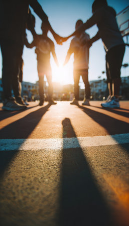 A group of friends joins hands in a unity gesture on an outdoor basketball court. The scene is bathed in sunlight, creating reflections and a soft focus, capturing a lifestyle moment.の素材