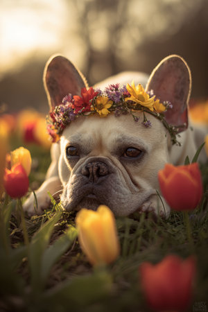 A French Bulldog adorned with a flower crown lies in a tulip meadow during golden hour. The soft-focus and warm light create a romantic, serene atmosphere.の素材