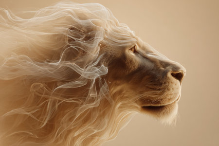 A stunning depiction of a lion's head crafted from silky smoke, set against a warm beige backdrop. The wisps create a regal mane with glowing edges, capturing motion and symmetry.の素材