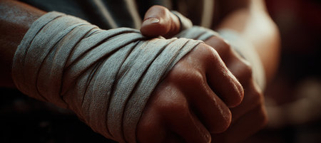 Detailed close-up image of hands tying wraps around wrists, capturing the texture and tension. Ideal for depicting preparation in boxing, martial arts, or fitness training.の素材