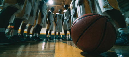 Basketball players gather in a huddle on the court, emphasizing teamwork and unity. The focus is on a basketball in the foreground, highlighting the game's intensity.の素材
