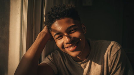 A happy teenage boy with visible blemishes leans against a sunlit window, smiling warmly at the camera. The natural light enhances his skin tones and genuine expression.の素材