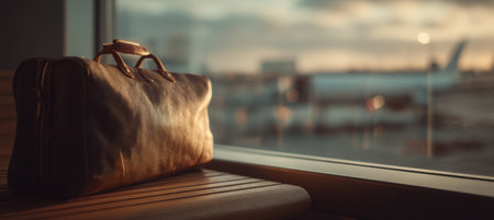 A minimalist travel composition featuring a leather bag on a bench with a blurred airplane in the background. The image uses cinematic soft focus and warm tones for a storytelling effect.の素材