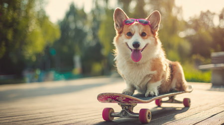 A fluffy corgi wearing pink sunglasses sits playfully on a skateboard in a sunny park. The image features a cinematic tone and shallow depth of field, highlighting the joyful scene.の素材