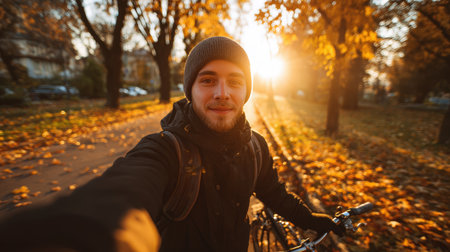 A cyclist captures a selfie in an autumn park, surrounded by golden leaves and warm sunlight. The scene exudes a candid, modern travel vibe, perfect for seasonal adventures.の素材