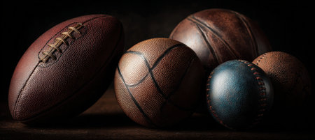 Fine art photography captures the elegance of classic sports balls in a dark studio setting, highlighting their shape and detail. The image features a football, basketball, and baseball.の素材
