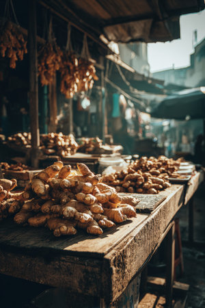 Ginger roots are spread out to dry under sunlight in a traditional Asian market. The scene captures the warm tones and authentic cultural atmosphere with cinematic realism.の素材