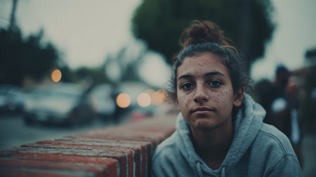 A teenage girl with visible acne sits confidently on a brick wall in an urban environment. The background features soft-focus cars and people, highlighting her calm demeanor.の素材