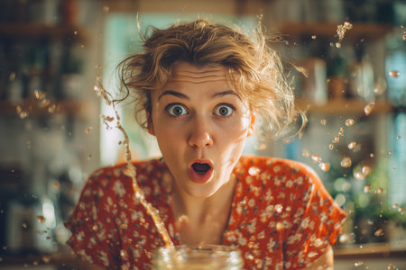 A woman with wide eyes accidentally spills a drink on herself in a kitchen setting. Captured mid-reaction, the scene is humorous and filled with natural light, perfect for lifestyle content.の素材