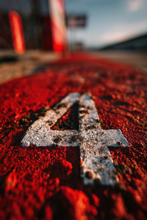 Detailed macro close-up of a red track surface highlighting the number 4. The image captures sharp contrast and texture under natural light, emphasizing the track's gritty surface.の素材