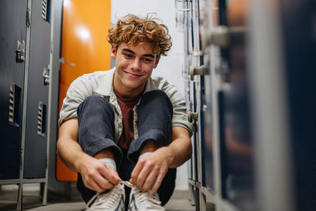 A teenage boy with acne scars ties his shoelaces in a gym locker room, smiling slightly. This candid moment captures the relatable experience of preparing for class.の素材