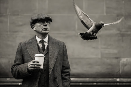 A man stands confidently with a coffee cup, oblivious to a pigeon flying toward his head. This humorous, candid moment captures the unexpected in a city setting.の素材