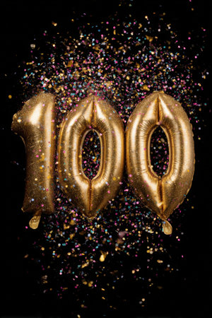 Celebrate milestones with gold glitter number 100 balloons surrounded by a vibrant confetti explosion. This dynamic and joyful studio macro image captures the essence of celebration.の素材