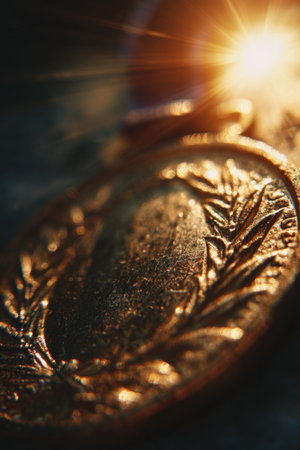 Macro shot of a medal edge shining under sunlight, showcasing intricate details and a warm, victorious tone. The cinematic composition highlights the texture and craftsmanship.の素材