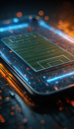 Macro close-up of a phone screen displaying a holographic football field. The image features cinematic lighting and glowing details, creating a futuristic sports atmosphere.の素材