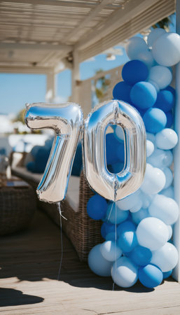 Metallic blue number 70 balloons create a classy and sophisticated atmosphere for a senior celebration. The setup features bright natural light and a minimal, elegant design.の素材