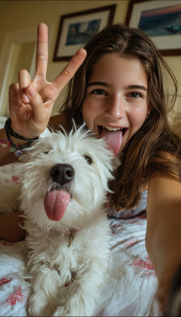 A girl captures a playful selfie in her room, flashing a peace sign while her dog humorously photobombs by licking the phone lens, creating a lighthearted and fun moment.の素材