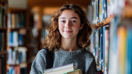 A proud teenage girl with acne scars holds a stack of books in a school library. Soft indoor lighting highlights her confidence, with blurred bookshelves in the background.の素材