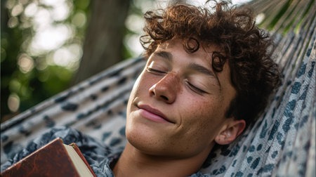 A teenage boy with acne relaxes in a hammock outdoors, a book resting on his chest. His eyes are closed, and he smiles slightly, capturing the peaceful essence of youth.の素材