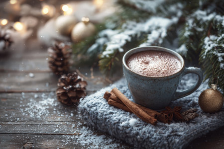 A warm winter holiday scene featuring a cup of hot cocoa, cinnamon sticks, snow-covered pine branches, and golden ornaments on a wooden table, illuminated by soft natural light.の素材