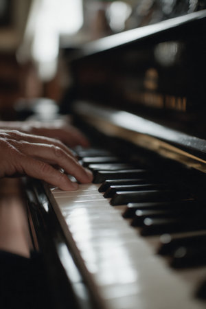 A close-up image of hands playing a piano, showcasing cinematic clean tones and depth of focus. The composition captures the intimate and joyful essence of music.の素材