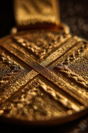 Macro close-up of a gold medal showcasing intricate engraved design. Captured with cinematic sharp detail, warm glowing light, and shallow depth of field for realism.の素材