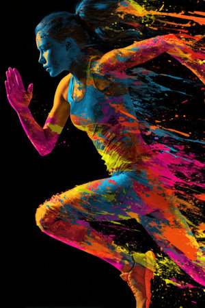 Artistic depiction of a female runner with vibrant neon brush strokes symbolizing speed and focus. The vivid splashes create a dynamic, energetic sports-themed visual on a dark background.の素材