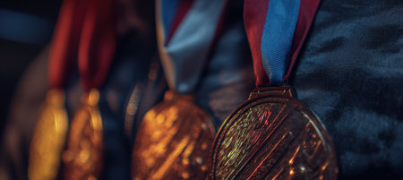 Close-up of engraved medals held by athletes, showcasing vibrant color contrast and warm reflective lighting. The cinematic storytelling style highlights the pride of achievement.の素材