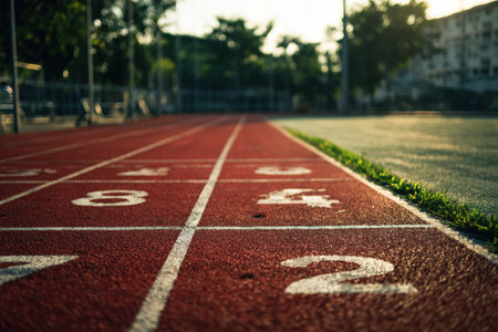 Minimalist sports photography of an empty red running track with white lane numbers. Morning sunlight casts soft shadows, highlighting the green grass edge and serene atmosphere.の素材
