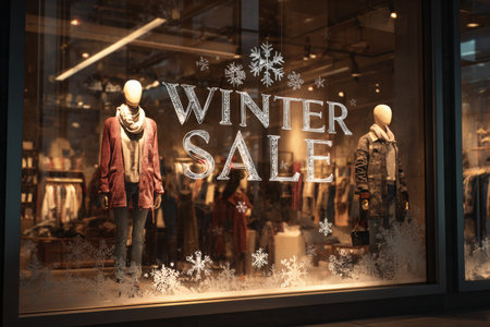 Fashion store window featuring bold "Winter Sale" signage, mannequins in cozy outfits, and snowflake decals. The warm indoor lighting enhances the photorealistic detail.の素材