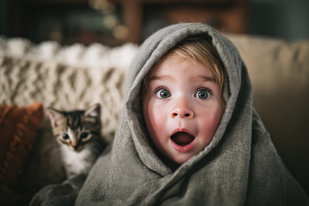 A child wrapped in a blanket on a couch expresses surprise as a kitten emerges from under the blanket. The scene captures spontaneous joy in soft, natural home lighting.の素材