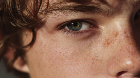 High-resolution close-up of a teen boy's face with acne-prone skin, captured in classic beauty lighting. The image highlights skin texture and features catchlights in the eyes.の素材