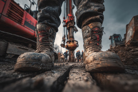 A construction engineer stands focused between a drilling machine and a trenching excavator. The rugged textures and dusty boots highlight the intense work environment.の素材