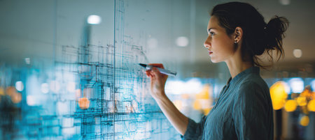 A female engineer reviews construction diagrams on a glass board using a marker in a sleek, bright, modern architecture office. The environment is professional and innovative.の素材