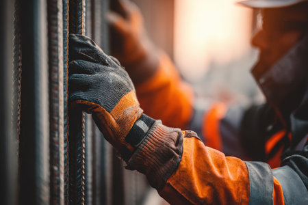 Side view of a construction engineer inspecting vertical support beams. Focus on safety gear and gloves, highlighting attention to detail and safety in a realistic setting.の素材