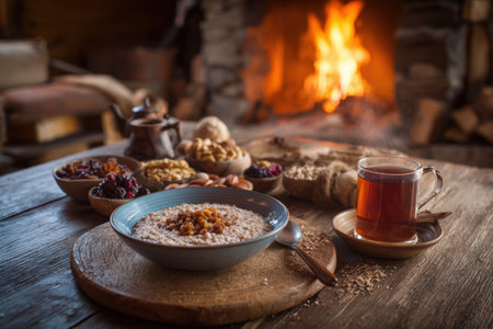 A rustic breakfast scene featuring buckwheat porridge, nuts, dried fruits, and steaming herbal tea on a wooden table. A warm fire crackles in the background, enhancing the cozy cabin atmosphere.の素材